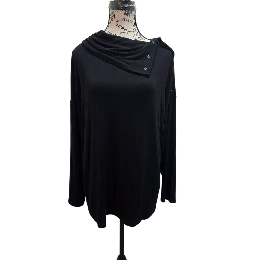 BKE Womens Large Black Asymmetric Cowl Neck Snap Shoulder Pullover Top Drape L